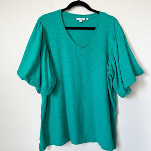 Chicos Puff Sleeve V Neck Slub Tee Teal Green Womens Plus XXL Cotton Modal